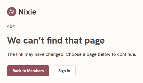 Page not found message with Back to Members and Sign in buttons.