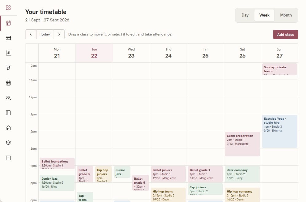 The Staff timetable with Day, Week and Month views and classes arranged by day and time.